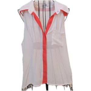 F21 Sheer White/Orange Sleeveless Button Down
